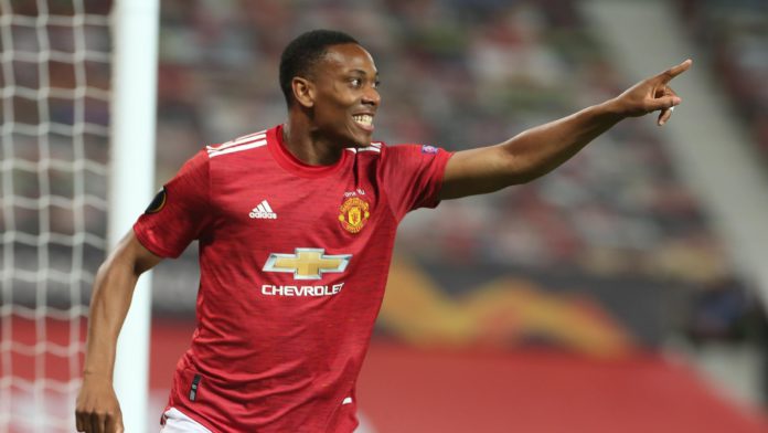 Anthony Martial of Manchester United celebrates scoring their second goal during the UEFA Europa League round of 16 second leg match between Manchester United and LASK at Old Trafford on August 05, 2020 in Manchester, England. Image credit: Getty Images