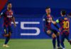Barcelona's French defender Clement Lenglet (C) celebrates with Barcelona's Argentine forward Lionel Messi (R) and Barcelona's Uruguayan forward Luis Suarez (R) after scoring a goal during the UEFA Champions League round of 16 second leg football match be Image credit: Getty Images