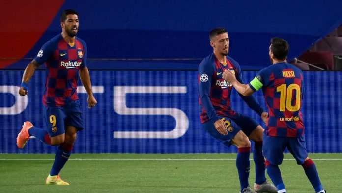 Barcelona's French defender Clement Lenglet (C) celebrates with Barcelona's Argentine forward Lionel Messi (R) and Barcelona's Uruguayan forward Luis Suarez (R) after scoring a goal during the UEFA Champions League round of 16 second leg football match be Image credit: Getty Images