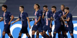 Kylian Mbappe of Paris Saint-Germain and his team mates celebrate victory after the UEFA Champions League Semi Final match between RB Leipzig and Paris Saint-Germain F.C at Estadio do Sport Lisboa e Benfica on August 18, 2020 in Lisbon, Portugal. Image credit: Getty Images