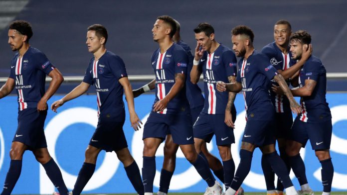 Kylian Mbappe of Paris Saint-Germain and his team mates celebrate victory after the UEFA Champions League Semi Final match between RB Leipzig and Paris Saint-Germain F.C at Estadio do Sport Lisboa e Benfica on August 18, 2020 in Lisbon, Portugal. Image credit: Getty Images