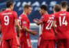 Serge Gnabry (4thL) of FC Bayern Muenchen celebrates his first goal with teammates Robert Lewandowski, Joshua Kimmich, Thomas Mueller and Ivan Perisic (L-R) Image credit: Getty Images