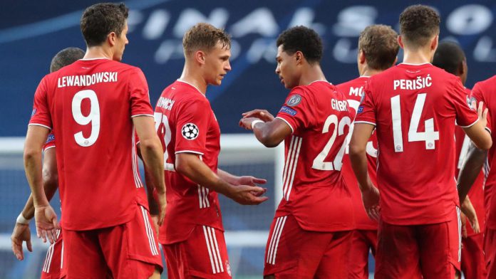 Serge Gnabry (4thL) of FC Bayern Muenchen celebrates his first goal with teammates Robert Lewandowski, Joshua Kimmich, Thomas Mueller and Ivan Perisic (L-R) Image credit: Getty Images