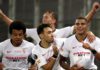 Diego Carlos of Sevilla FC (R) and team mates celebrate their team's third goal, an own goal scored by Romelu Lukaku of Inter Milan (not pictured) during the UEFA Europa League Final between Seville and FC Internazionale at RheinEnergieStadion on August 2 Image credit: Getty Images