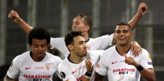 Diego Carlos of Sevilla FC (R) and team mates celebrate their team's third goal, an own goal scored by Romelu Lukaku of Inter Milan (not pictured) during the UEFA Europa League Final between Seville and FC Internazionale at RheinEnergieStadion on August 2 Image credit: Getty Images