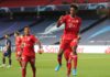 French forward Kingsley Coman (R) celebrates scoring the opening goal with his teammates during the UEFA Champions League final football match between Paris Saint-Germain and Bayern Munich at the Luz stadium in Lisbon on August 23, 2020. Image credit: Getty Images
