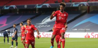 French forward Kingsley Coman (R) celebrates scoring the opening goal with his teammates during the UEFA Champions League final football match between Paris Saint-Germain and Bayern Munich at the Luz stadium in Lisbon on August 23, 2020. Image credit: Getty Images