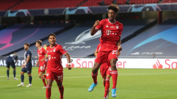 French forward Kingsley Coman (R) celebrates scoring the opening goal with his teammates during the UEFA Champions League final football match between Paris Saint-Germain and Bayern Munich at the Luz stadium in Lisbon on August 23, 2020. Image credit: Getty Images