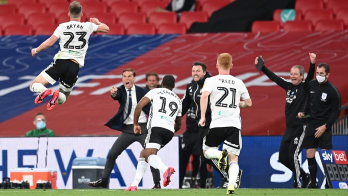 Joe Bryan of Fulham celebrates after scoring his sides first goal during the Sky Bet Championship Play Off Final match between Brentford and Fulham at Wembley Stadium Image credit: Getty Images