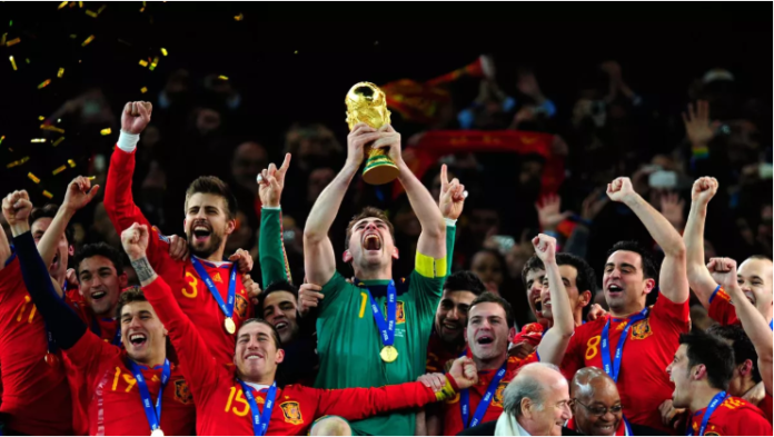 Iker Casillas of Spain celebrates lifting the World Cup with team mates during the 2010 FIFA World Cup South Africa Final match between Netherlands and Spain at Soccer City Stadium on July 11, 2010 in Johannesburg, South Africa Image credit: Getty Images