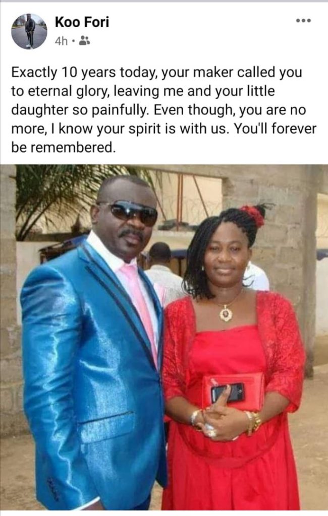 "I will forever remember you"- Koofori cries as he pay tribute to his late wife who died 10 years ago