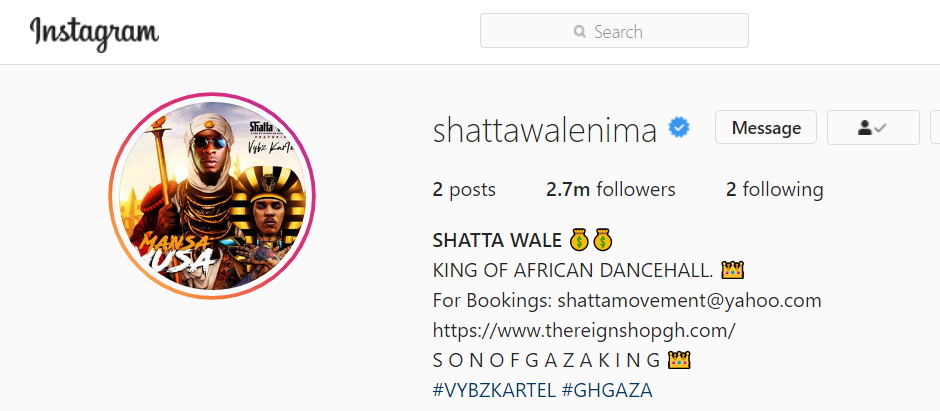 This is how Shatta Wale's Instagram page currently looks /Adomonline.com