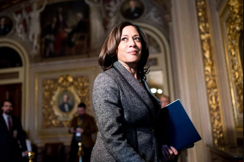 Sen. Kamala Harris walks through the Senate Reception Room to the Senate chamber for the start of the Senate impeachment trial proceedings on Jan. 27, 2020. Bill Clark—CQ-Roll Call/Getty Images