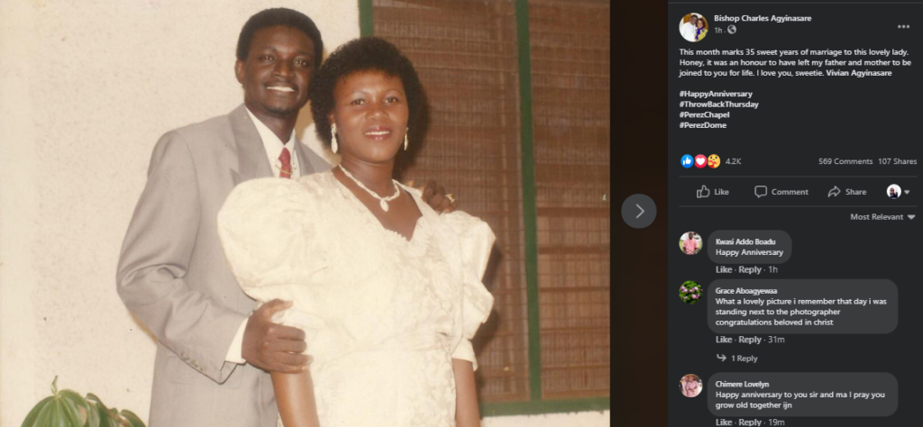 Bishop Charles Agyinasare has taken to social media to celebrate 35 years of marriage to his wife Vivian.