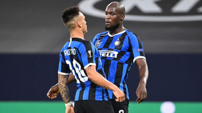 Romelu Lukaku of Inter Milan celebrates after scoring his sides first goal with Lautaro Martínez during the UEFA Europa League round of 16 single-leg match between FC Internazionale and Getafe CF at Arena AufSchalke on August 05, 2020 in Gelsenkirchen, Ge Image credit: Getty Images