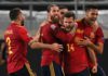LUIS JOSE GAYA OF SPAIN CELEBRATES WITH TEAMMATES AFTER SCORING HIS TEAM'S FIRST GOAL DURING THE UEFA NATIONS LEAGUE GROUP STAGE MATCH BETWEEN GERMANY AND SPAIN AT MERCEDES-BENZ ARENA IMAGE CREDIT: GETTY IMAGES