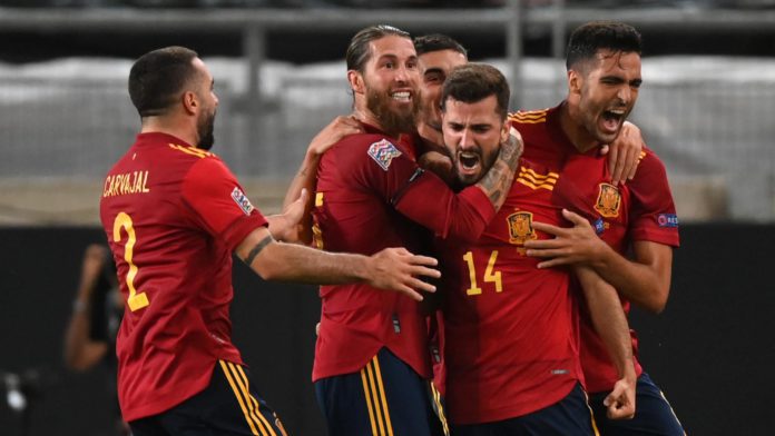 LUIS JOSE GAYA OF SPAIN CELEBRATES WITH TEAMMATES AFTER SCORING HIS TEAM'S FIRST GOAL DURING THE UEFA NATIONS LEAGUE GROUP STAGE MATCH BETWEEN GERMANY AND SPAIN AT MERCEDES-BENZ ARENA IMAGE CREDIT: GETTY IMAGES