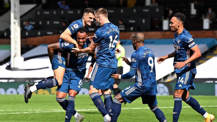 GABRIEL OF ARSENAL CELEBRATES WITH HIS TEAM MATES AFTER SCORING HIS TEAM'S SECOND GOAL DURING THE PREMIER LEAGUE MATCH BETWEEN FULHAM AND ARSENAL AT CRAVEN COTTAGE ON SEPTEMBER 12, 2020 IN LONDON, ENGLAND. IMAGE CREDIT: GETTY IMAGES