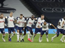 TOTTENHAM HOTSPUR PLAYERS CELEBRATE FOLLOWING THEIR TEAM'S VICTORY IN IN THE PENALTY SHOOT OUT AND THEREFORE WINNING DURING THE CARABAO CUP FOURTH ROUND MATCH BETWEEN TOTTENHAM HOTSPUR AND CHELSEA AT TOTTENHAM HOTSPUR STADIUM ON SEPTEMBER 29, 2020 IN LOND IMAGE CREDIT: GETTY IMAGES