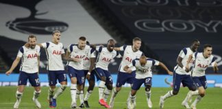 TOTTENHAM HOTSPUR PLAYERS CELEBRATE FOLLOWING THEIR TEAM'S VICTORY IN IN THE PENALTY SHOOT OUT AND THEREFORE WINNING DURING THE CARABAO CUP FOURTH ROUND MATCH BETWEEN TOTTENHAM HOTSPUR AND CHELSEA AT TOTTENHAM HOTSPUR STADIUM ON SEPTEMBER 29, 2020 IN LOND IMAGE CREDIT: GETTY IMAGES