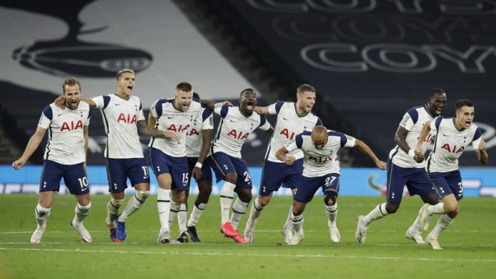 TOTTENHAM HOTSPUR PLAYERS CELEBRATE FOLLOWING THEIR TEAM'S VICTORY IN IN THE PENALTY SHOOT OUT AND THEREFORE WINNING DURING THE CARABAO CUP FOURTH ROUND MATCH BETWEEN TOTTENHAM HOTSPUR AND CHELSEA AT TOTTENHAM HOTSPUR STADIUM ON SEPTEMBER 29, 2020 IN LOND IMAGE CREDIT: GETTY IMAGES