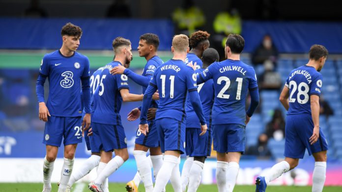 JORGINHO OF CHELSEA CELEBRATES WITH TEAMMATES AFTER SCORING HIS SIDES FOURTH GOAL DURING THE PREMIER LEAGUE MATCH BETWEEN CHELSEA AND CRYSTAL PALACE AT STAMFORD BRIDGE ON OCTOBER 03, 2020 IN LONDON, ENGLAND. IMAGE CREDIT: GETTY IMAGES