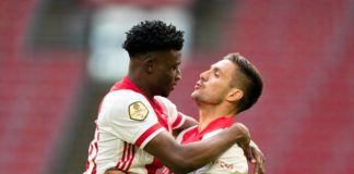 Kudus Mohammed celebrates with Ajax teammate