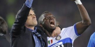 Muntari celebrates with Jose Mourinho