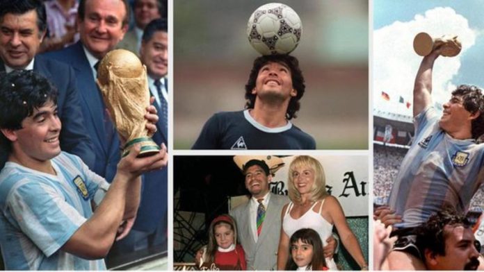 Diego Maradona - displaying the World Cup in 1986, during a training session, and with his ex-wife Claudia and their daughters Dalma and Gianina