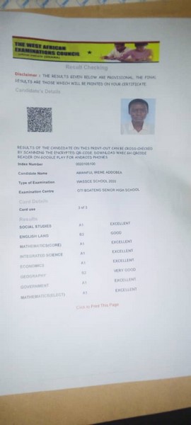 WASSCE results of student