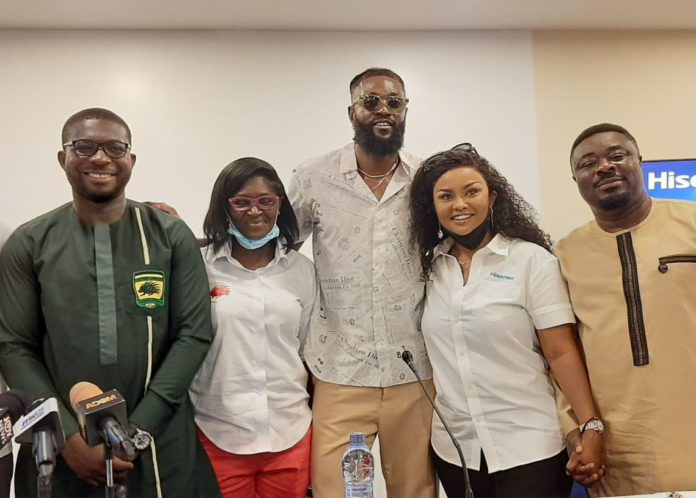 Kotoko CEO Nana Yaw Amponsah with Evelyn Nsiah Asare and Hisense ambassador Emmanuel Adebayor, Nana Ama McBrown and Okyeame Quophi