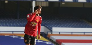 BRUNO FERNANDES OF MANCHESTER UNITED CELEBRATES SCORING THEIR FIRST GOAL DURING THE PREMIER LEAGUE MATCH BETWEEN EVERTON AND MANCHESTER UNITED AT GOODISON PARK IMAGE CREDIT: GETTY IMAGES