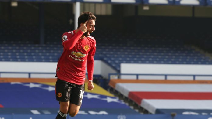 BRUNO FERNANDES OF MANCHESTER UNITED CELEBRATES SCORING THEIR FIRST GOAL DURING THE PREMIER LEAGUE MATCH BETWEEN EVERTON AND MANCHESTER UNITED AT GOODISON PARK IMAGE CREDIT: GETTY IMAGES