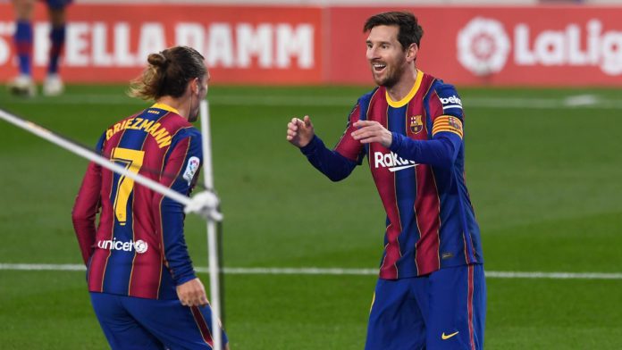 BARCELONA'S FRENCH MIDFIELDER ANTOINE GRIEZMANN CELEBRATES HIS GOAL WITH BARCELONA'S ARGENTINE FORWARD LIONEL MESSI IMAGE CREDIT: GETTY IMAGES