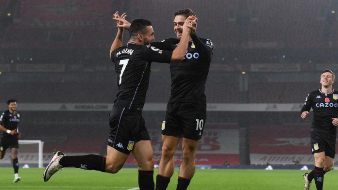 JOHN MCGINN OF ASTON VILLA CELEBRATES WITH TEAMMATE JACK GREALISH IMAGE CREDIT: GETTY IMAGES