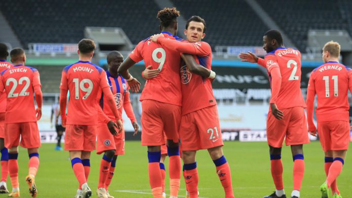 Chelsea's English striker Tammy Abraham (centre L) celebrates with Chelsea's English defender Ben Chilwell after scoring his team's second goal during the English Premier League football match between Newcastle United and Chelsea at St James' Park in Newc Image credit: Getty Images