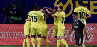 Villarreal's players celebrate after scoring a goal during the Spanish League football match between Villarreal and Real Madrid at La Ceramica stadium in Vila-real on November 21, 2020. Image credit: Getty Images