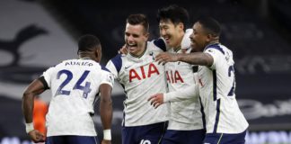 Tottenham Hotspur's Argentinian midfielder Giovani Lo Celso (2nd L) celebrates with teammates after scoring their second goal during the English Premier League football match between Tottenham Hotspur and Manchester City at Tottenham Hotspur Stadium Image credit: Getty Images