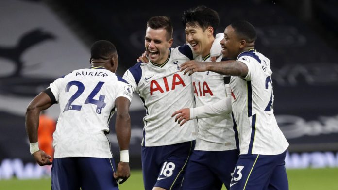 Tottenham Hotspur's Argentinian midfielder Giovani Lo Celso (2nd L) celebrates with teammates after scoring their second goal during the English Premier League football match between Tottenham Hotspur and Manchester City at Tottenham Hotspur Stadium Image credit: Getty Images