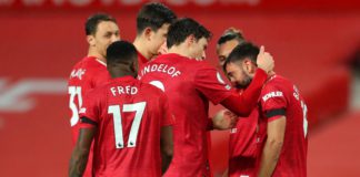 Bruno Fernandes of Manchester United celebrates with teammate Victor Lindelof after scoring his team's first goal during the Premier League match between Manchester United and West Bromwich Albion at Old Trafford Image credit: Getty Images