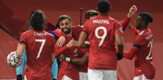 Manchester United's Portuguese midfielder Bruno Fernandes (2L) celebrates scoring the opening goal during the UEFA Champions league group H Image credit: Getty Images