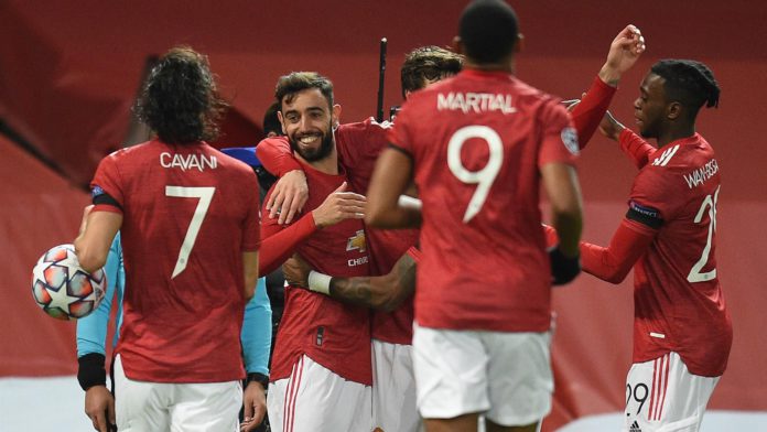 Manchester United's Portuguese midfielder Bruno Fernandes (2L) celebrates scoring the opening goal during the UEFA Champions league group H Image credit: Getty Images