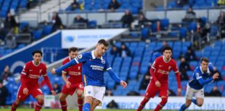 Pascal Gross of Brighton and Hove Albion scores a penalty for his team's first goal during the Premier League match between Brighton & Hove Albion and Liverpool at American Express Community Stadium on November 28, 2020 in Brighton Image credit: Getty Images