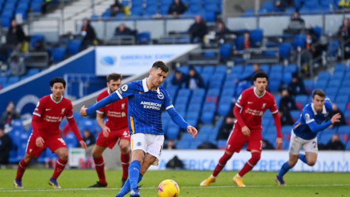 Pascal Gross of Brighton and Hove Albion scores a penalty for his team's first goal during the Premier League match between Brighton & Hove Albion and Liverpool at American Express Community Stadium on November 28, 2020 in Brighton Image credit: Getty Images