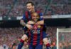 Dani Alves celebrates with Lionel Messi