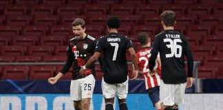 Thomas Muller of Bayern celebrates after scoring his sides first goal during the UEFA Champions League Group A stage match between Atletico Madrid and FC Bayern Muenchen at Estadio Wanda Metropolitano on December 1, 2020 in Madrid, Spain. Image credit: Getty Images