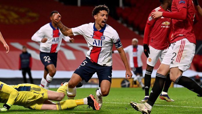 Marquinhos celebrates scoring for PSG against Manchester United Image credit: Getty Images