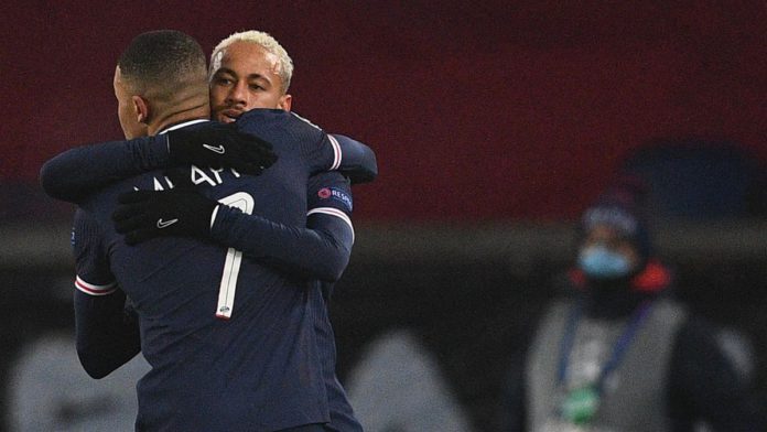 Paris Saint-Germain's Brazilian forward Neymar (R) celebrates with Paris Saint-Germain's French forward Kylian Mbappe after scoring his second goal during the UEFA Champions League group H football match between Paris Saint-Germain (PSG) and Istanbul Basa Image credit: Getty Images