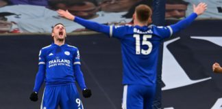 Leicester City's English striker Jamie Vardy (R) celebrates after his header is deflected into his own net by Tottenham Hotspur's Belgian defender Toby Alderweireld (L) for their second goal during the English Premier League football match between Tottenh Image credit: Getty Images