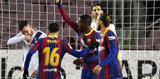 Ousmane Dembele celebrates scoring for Barcelona against Eibar Image credit: Getty Images